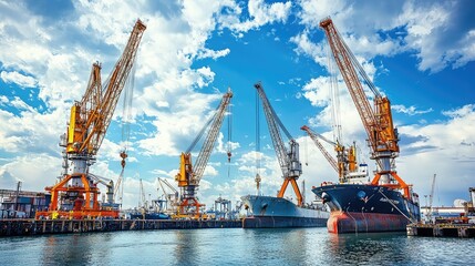 Fototapeta premium Majestic port scene showcasing large cranes and cargo ships under a bright blue sky, reflecting industrial maritime activity.