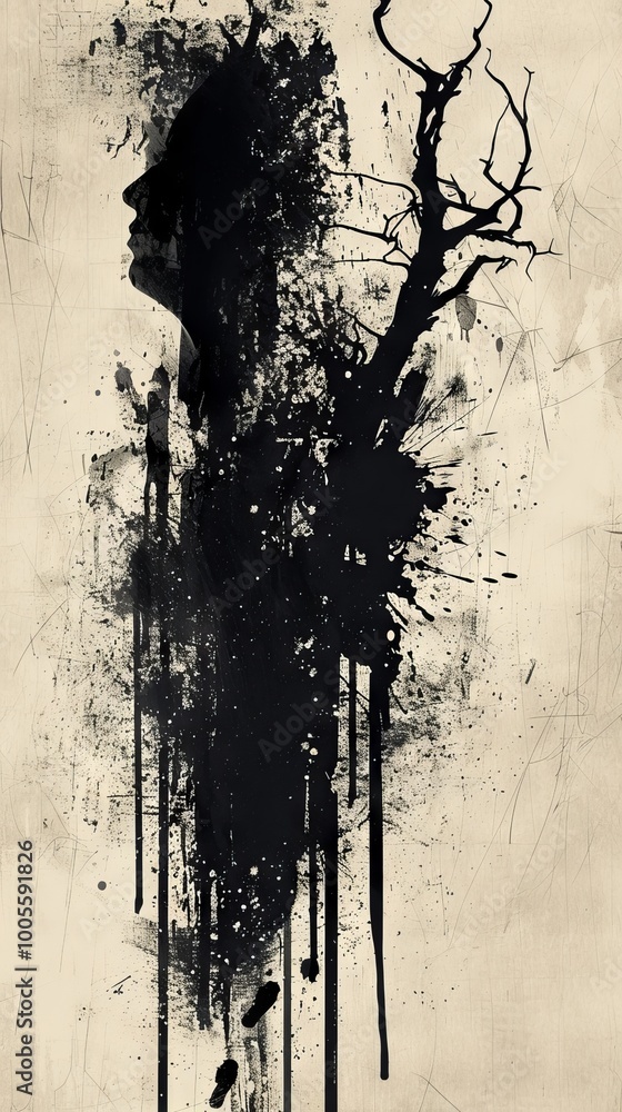Poster artistic silhouette with ink splatter and tree branches, creating a striking abstract composition on