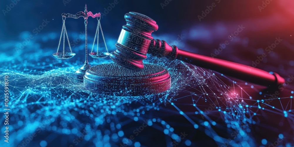 Poster modern digital abstract 3d background with gavel and scales intertwined with digital codes represent