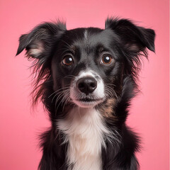 The photo features a mixed-breed dog looking directly at the photographer, with an all-pink background and surroundings.