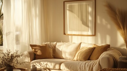 A cozy living room bathed in warm light, featuring a sofa and decorative elements.