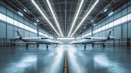 Modern aircraft parked in a spacious hangar, featuring bright lights and a polished floor for an elegant aviation environment.