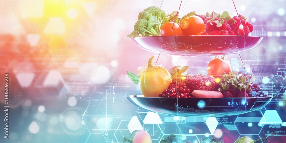 Aufkleber modern digital abstract 3d background with scales and nutrition icons visualizing the digital revolu