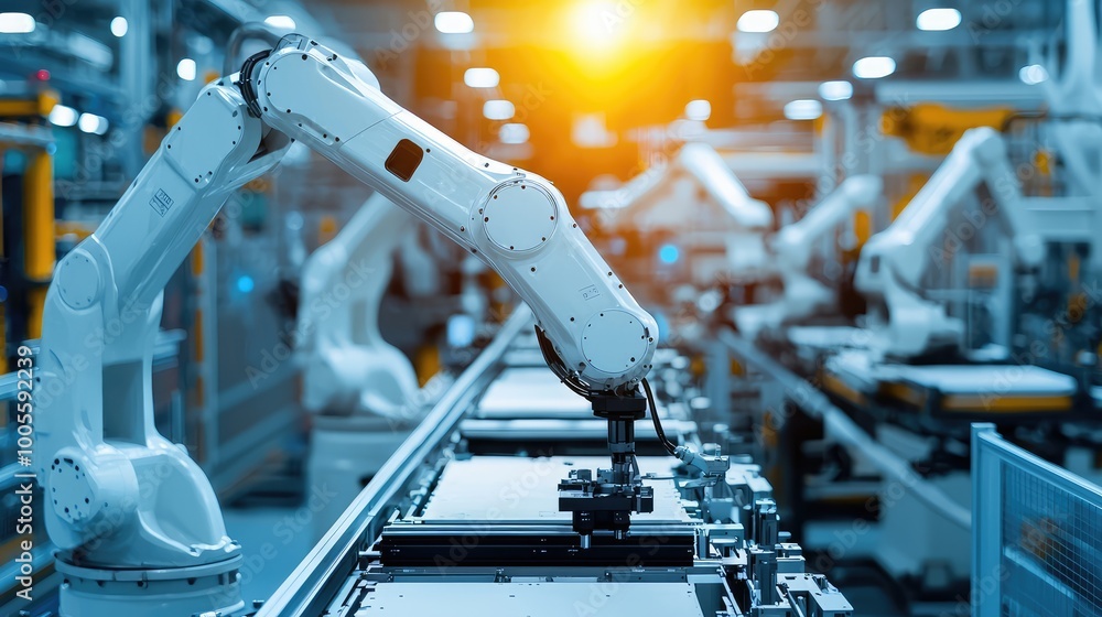 Poster modern industrial robot working on an automated production line, highlighting advanced technology in