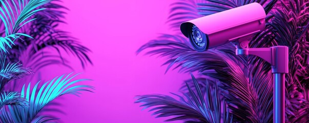 A vibrant, neon-lit scene featuring a surveillance camera surrounded by lush, colorful palm leaves on a gradient background.