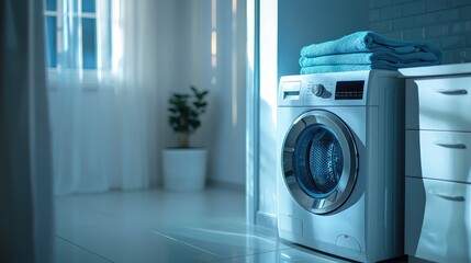 Modern laundry room featuring a washing machine and neatly stacked towels, creating a serene and functional space.