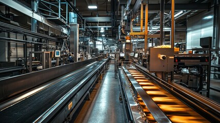 Modern industrial factory interior showcasing a conveyor system with machines, emphasizing productivity and technology.