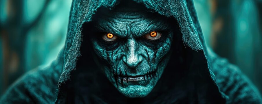 A malicious figure cloaked in shadows, their face altered by dark magic, identity unknown, plotting chaos in a mystical forest, eerie and foreboding scene