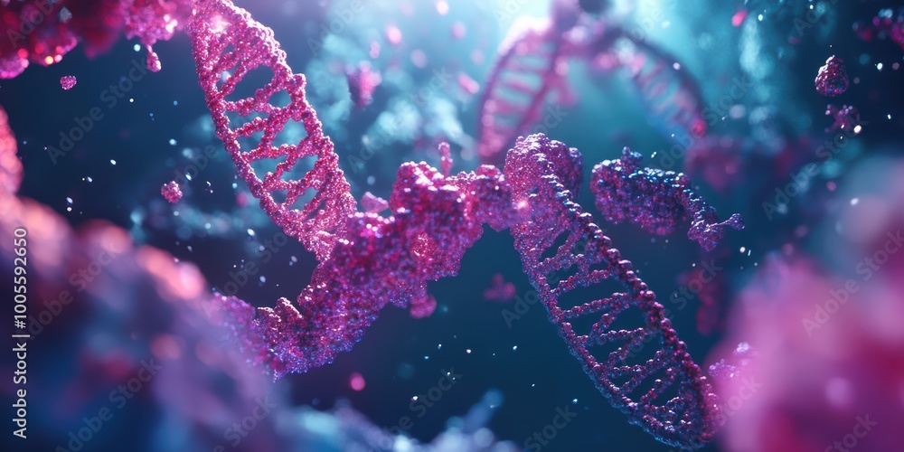 Poster modern digital abstract 3d background with dna strands and molecular structures in digital space sym