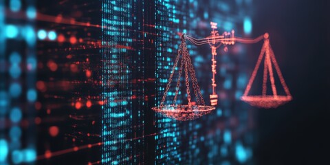 Modern Digital Abstract 3D Background with Data Streams and Legal Symbols Visualizing Digital Transformation of Legal Systems