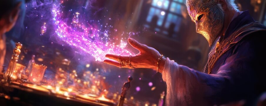 A masked sorcerer casting a spell of manipulation over a kingdom, citizens trapped in delusions of grandeur, hidden evil obscured by a charming facade