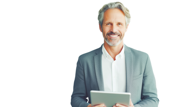 Middle-aged businessman standing isolated on transparent background.

