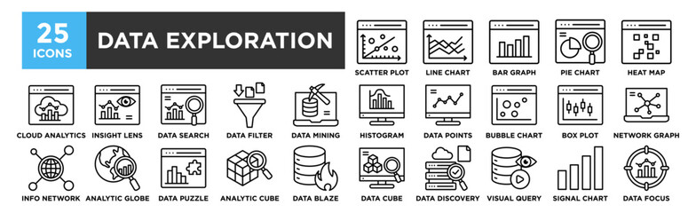 Data Exploration icon collection set. Containing design data, technology, digital, business, research, explore