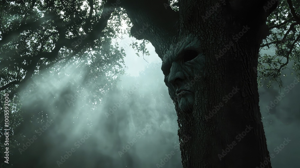 Poster mysterious tree with a face, surrounded by fog, creating an eerie and enchanting atmosphere in a dar