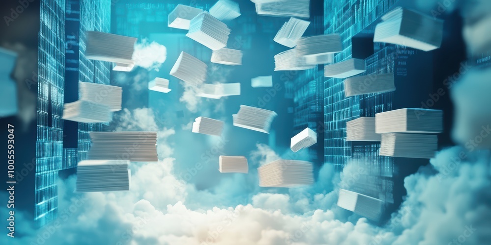 Aufkleber modern digital abstract 3d background with floating books and data clouds symbolizing the transition