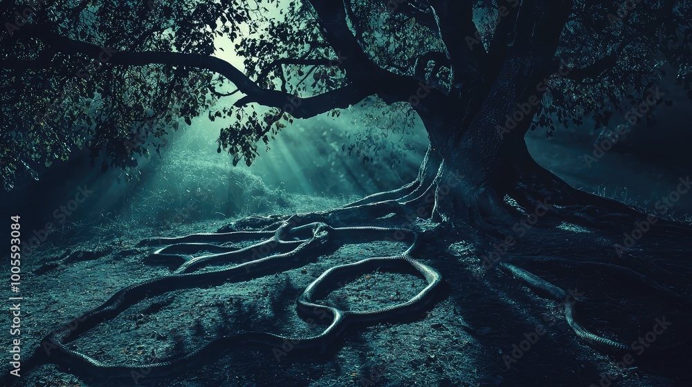Poster mystical tree with sprawling roots under soft moonlight, creating an enchanting and serene forest at