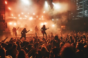 Urban Music Concert with Passionate Performers on Stage and Moshing Audience in an Amphitheater Flashing Lights and Smoke Feeling of Raw Excitement and Youthful Rebellion