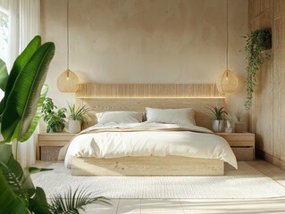 A tranquil bedroom featuring a large wooden bed with soft linens in neutral tones. Woven pendant lights and greenery on both sides enhance the natural, calming ambiance of this minimalist space.
