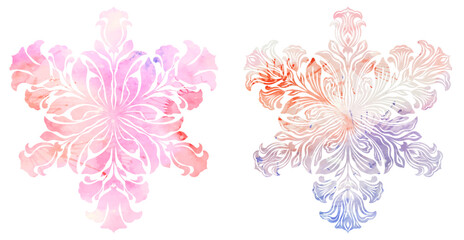 Set of vector decorative art nouveau watercolor mandalas. Collection of circle tracery cliparts with blooming flowers isolated from background. Floral illustration for cards, stickers and sublimation