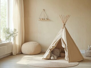 A serene, bohemian-inspired corner with a small beige tent, pouf, and soft lighting. The cozy setup offers a playful yet calming retreat, enhanced by natural textures and warm neutral tones.