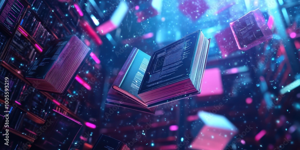 Poster modern digital abstract 3d background with floating holographic books and circuits representing digi