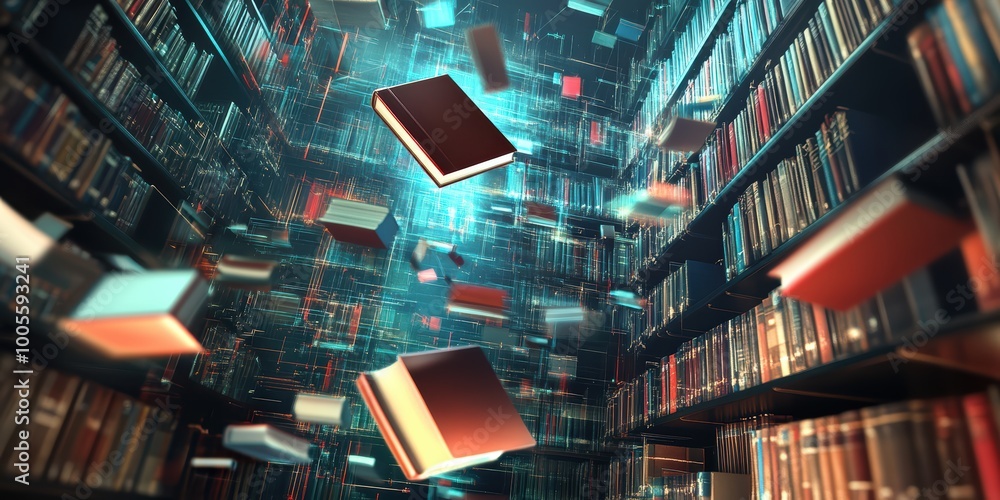 Aufkleber modern digital abstract 3d background with floating holographic books and circuits representing digi