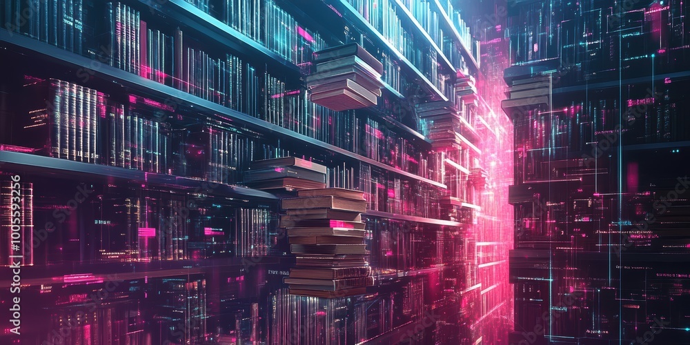 Aufkleber modern digital abstract 3d background with floating holographic books and circuits representing digi