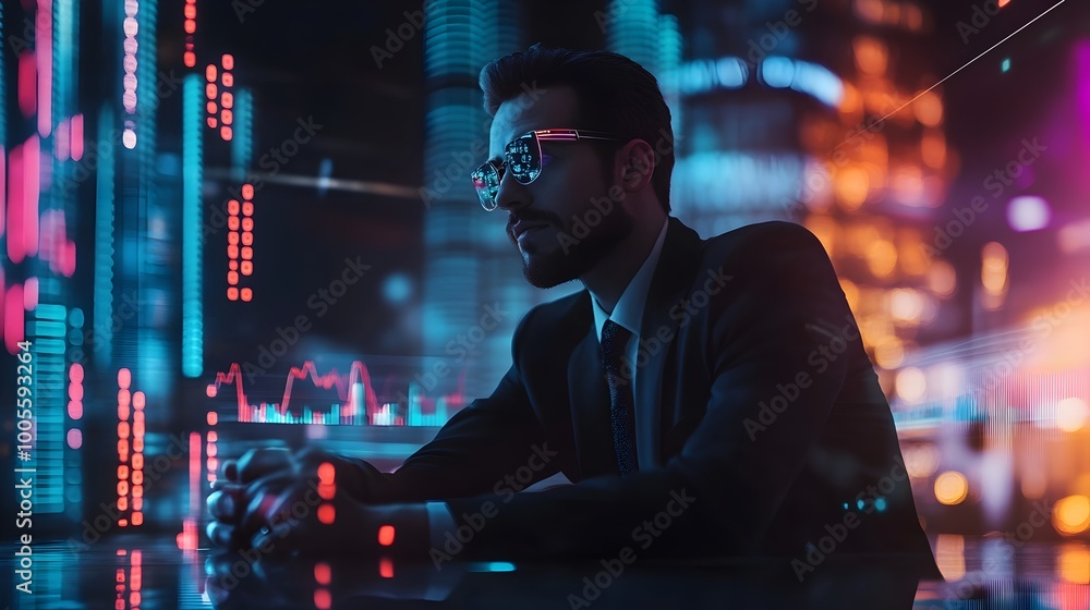 Poster futuristic digital entrepreneur harnessing holographic analytics in sleek dark setting sleek and min