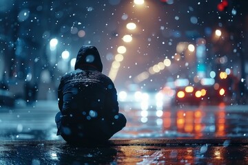 Desperate man sits on asphalt after causing accident due to alcohol impairment, reflecting regret