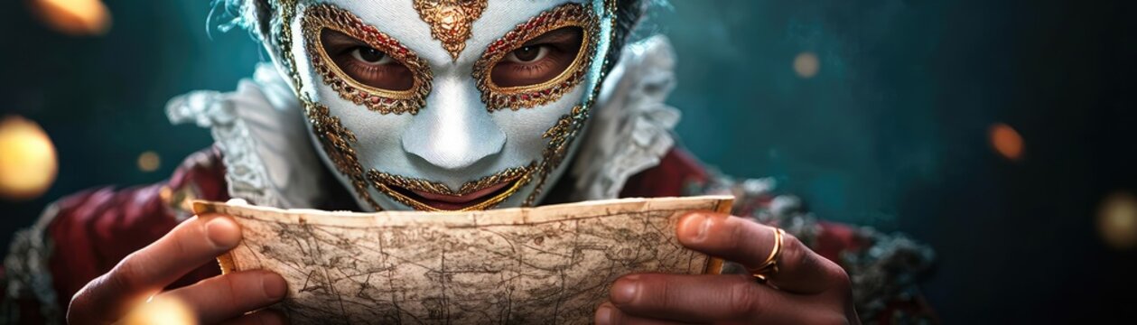 A masked trickster presenting a forged map to hidden riches, the truth veiled behind a charming smile, a world of fraud and deceit in a fantasy setting