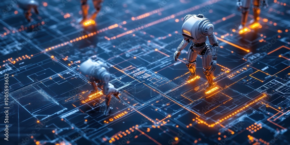 Poster modern digital abstract 3d background with glowing blueprints and robotic figures visualizing digita