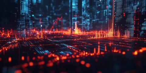 Modern Digital Abstract 3D Background with Glowing Graphs and Financial Indicators Symbolizing Stock Market Analysis and Fintech Innovation