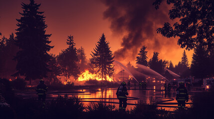 Fototapeta premium Industrial chemical tank engulfed in flames with thick black smoke, firefighters in protective gear battling the blaze at dusk, highlighting the urgency and danger of the situation.
