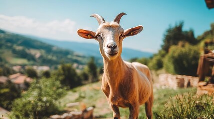 Obraz premium Gentle Goat Gazing Into the Distance: This Image Features a Kind Goat Standing Tall, With Its Soft Fur and Curious Expression Captured in Detail. The Goat's Stance Reflects a Sense of Awareness 