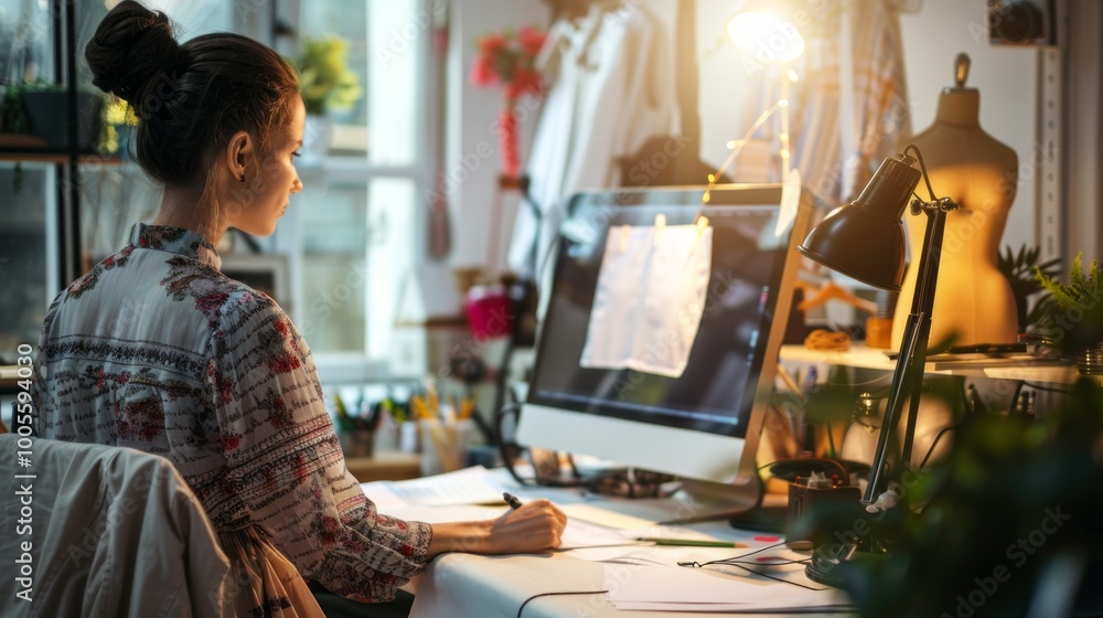 Poster a woman is sitting at a desk with a computer monitor in front of her