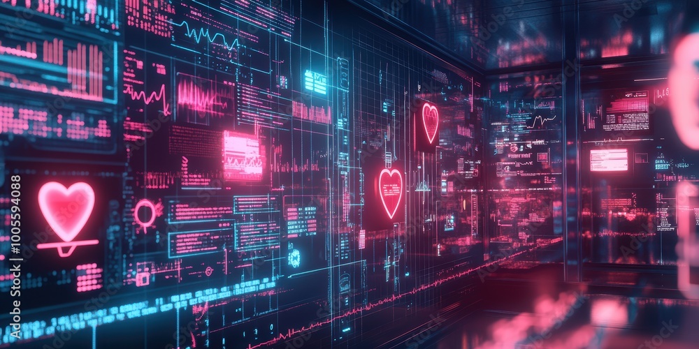 Poster modern digital abstract 3d background with glowing scales and digital heart rate monitors for future