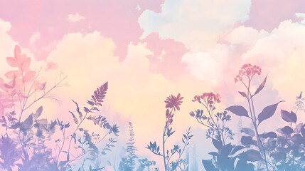 Pastel Gradient Backdrop with Wispy Cloud Formations and Delicate Botanical Silhouettes Conveying a Sense of Tranquility and Serenity through a Painterly Luminous and Rococo inspired Aesthetic