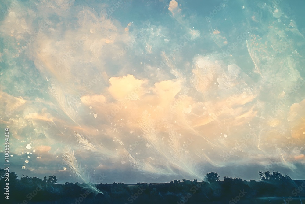 Poster ethereal cloud formation with delicate feathery cloud tendrils shimmering ambient lighting and diaph