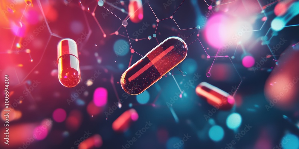 Poster modern digital abstract 3d background with interconnected hexagons and floating pills representing p