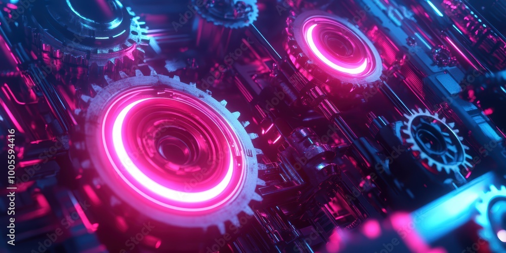 Poster modern digital abstract 3d background with interlocking gears and neon lights symbolizing automation