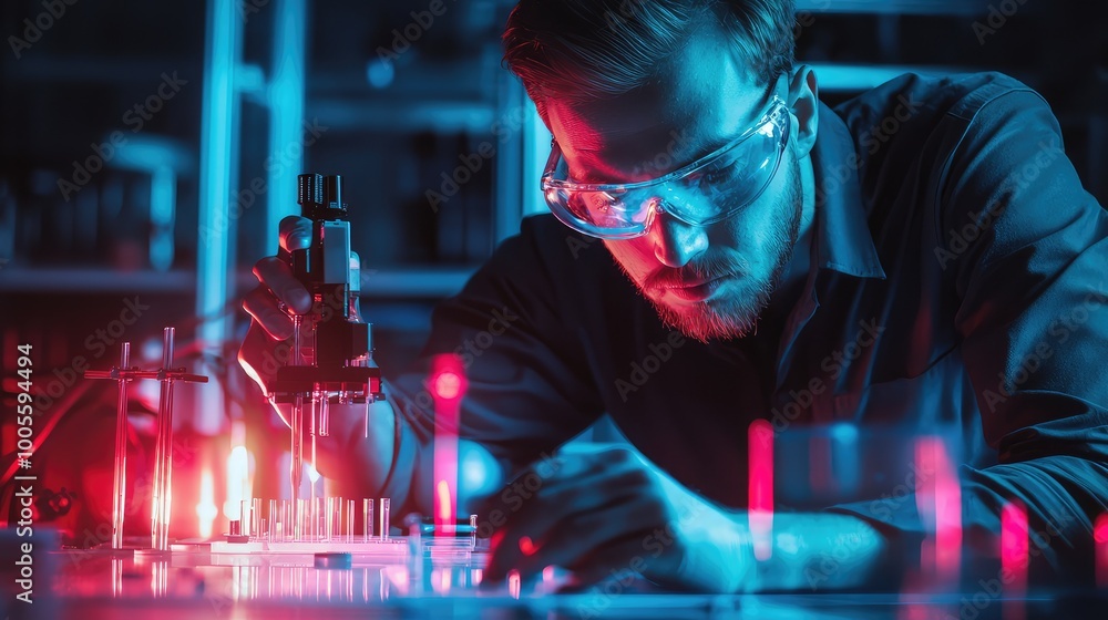 Poster scientist conducting research with advanced technology in a modern laboratory, illuminated by vibran