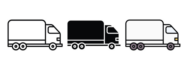 Black and white Truck icon silhouette and editable colored in unexpanded vector form, three truck icons one in outline style one in silhouette and last in editable colors