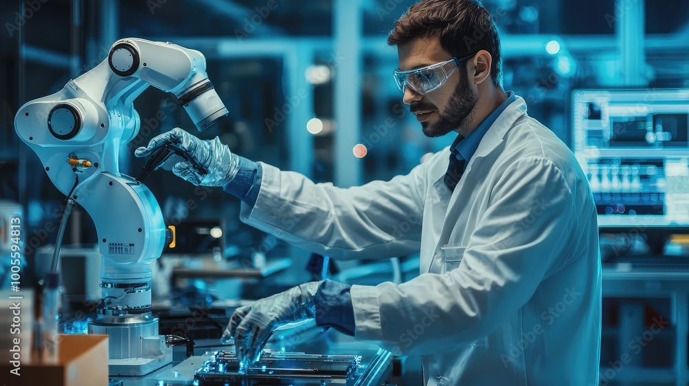 Poster scientist working in a laboratory with robotic arm, conducting experiments in advanced technology an