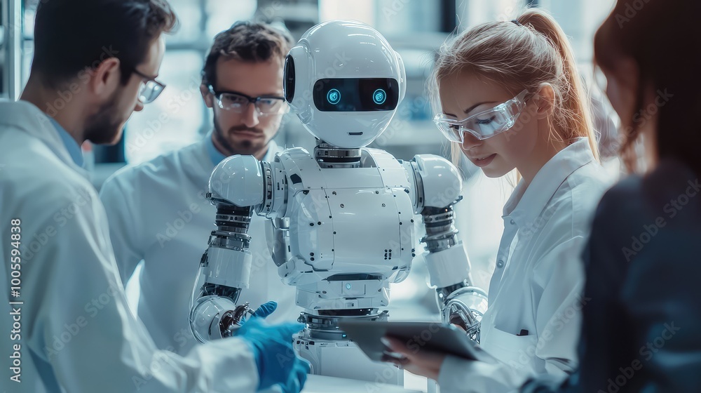 Poster scientists collaborate with a humanoid robot in a research lab, showcasing advanced technology and i