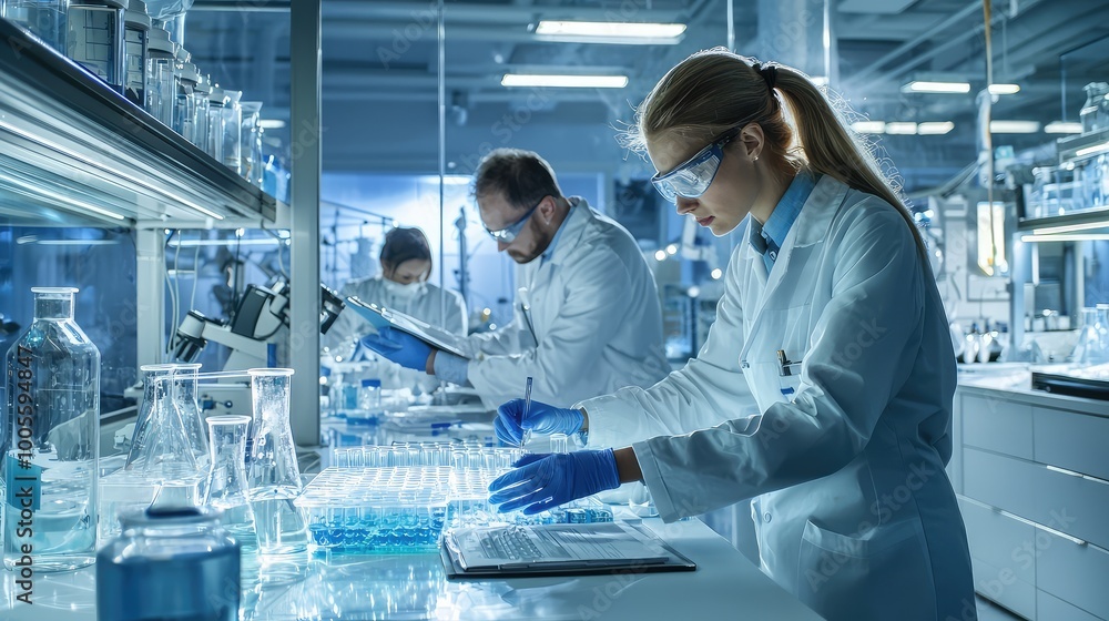 Poster scientists conduct research in a modern laboratory, analyzing samples with advanced equipment and co