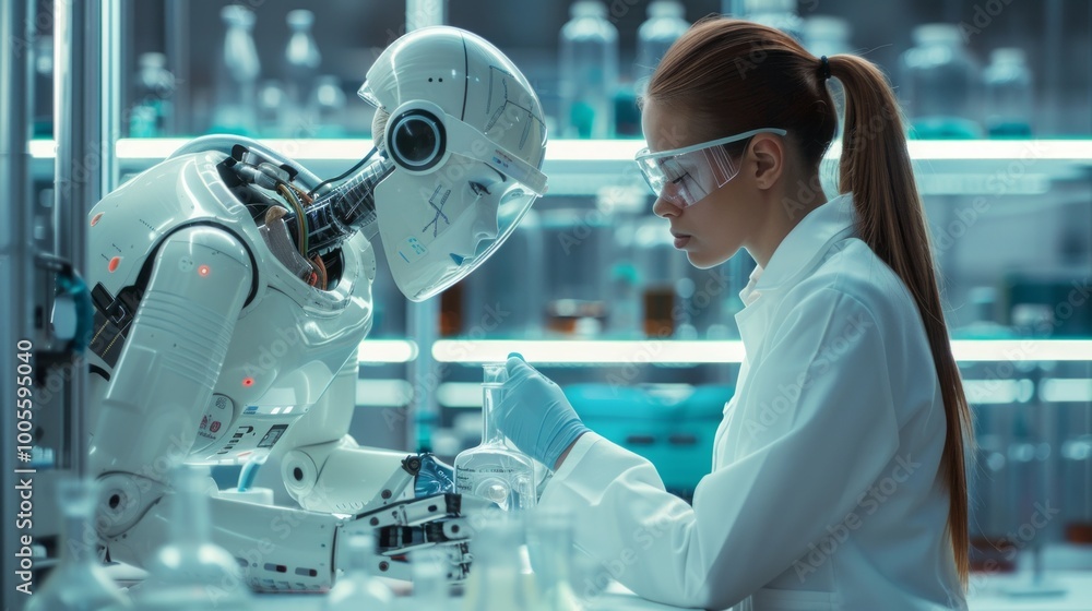Poster a woman in a lab coat is working with a robot