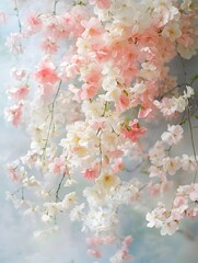 Captivating pastel floral arrangement with delicate cascading petals set against a dreamy impressionistic garden backdrop evoking a timeless serene and tranquil ambiance