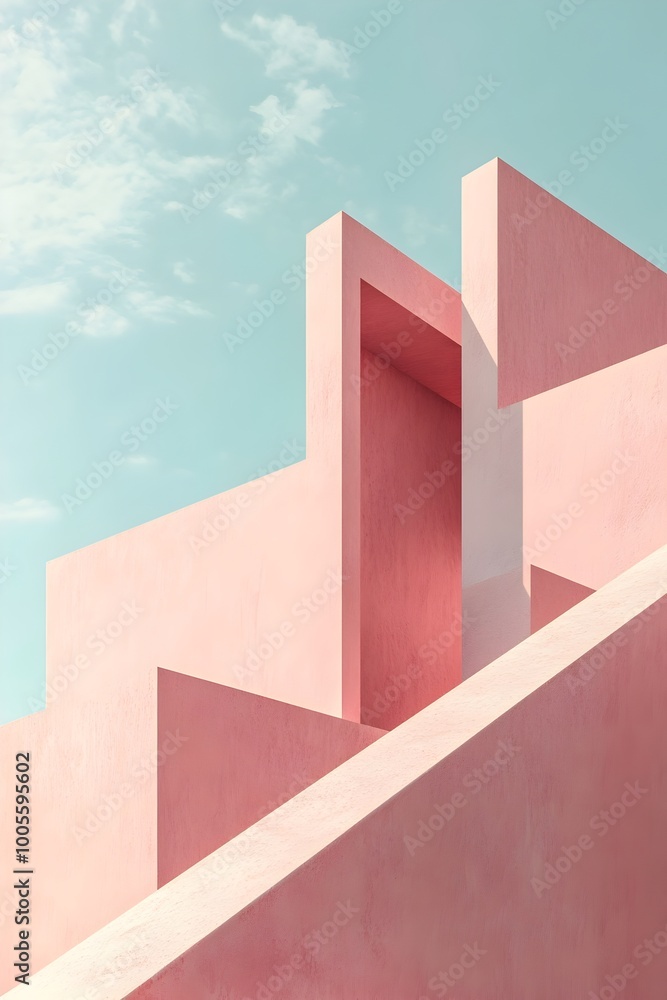 Poster pastel toned minimalist distillery featuring sharp angular architectural structures abstract geometr