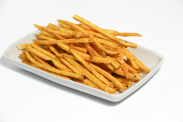 Sweet potato sticks on white background