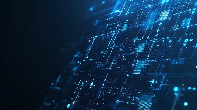 Abstract digital background with glowing lines and squares.